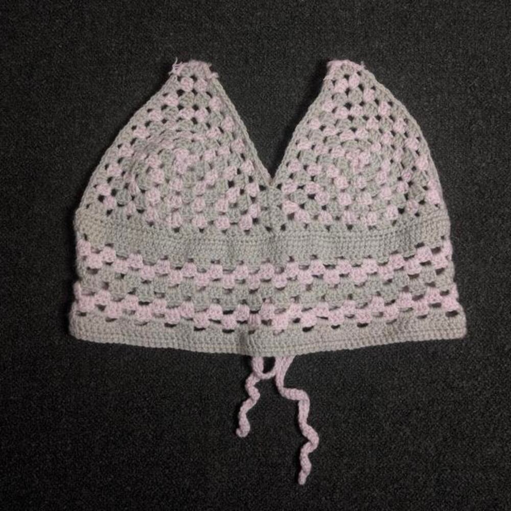 Handmade Boho Granny Square Crochet Halter Crop Top Lace Up Back